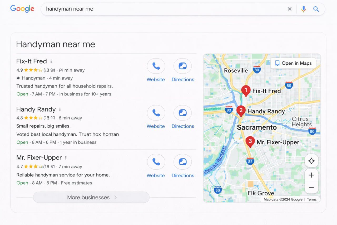 Google Maps search results showing local businesses